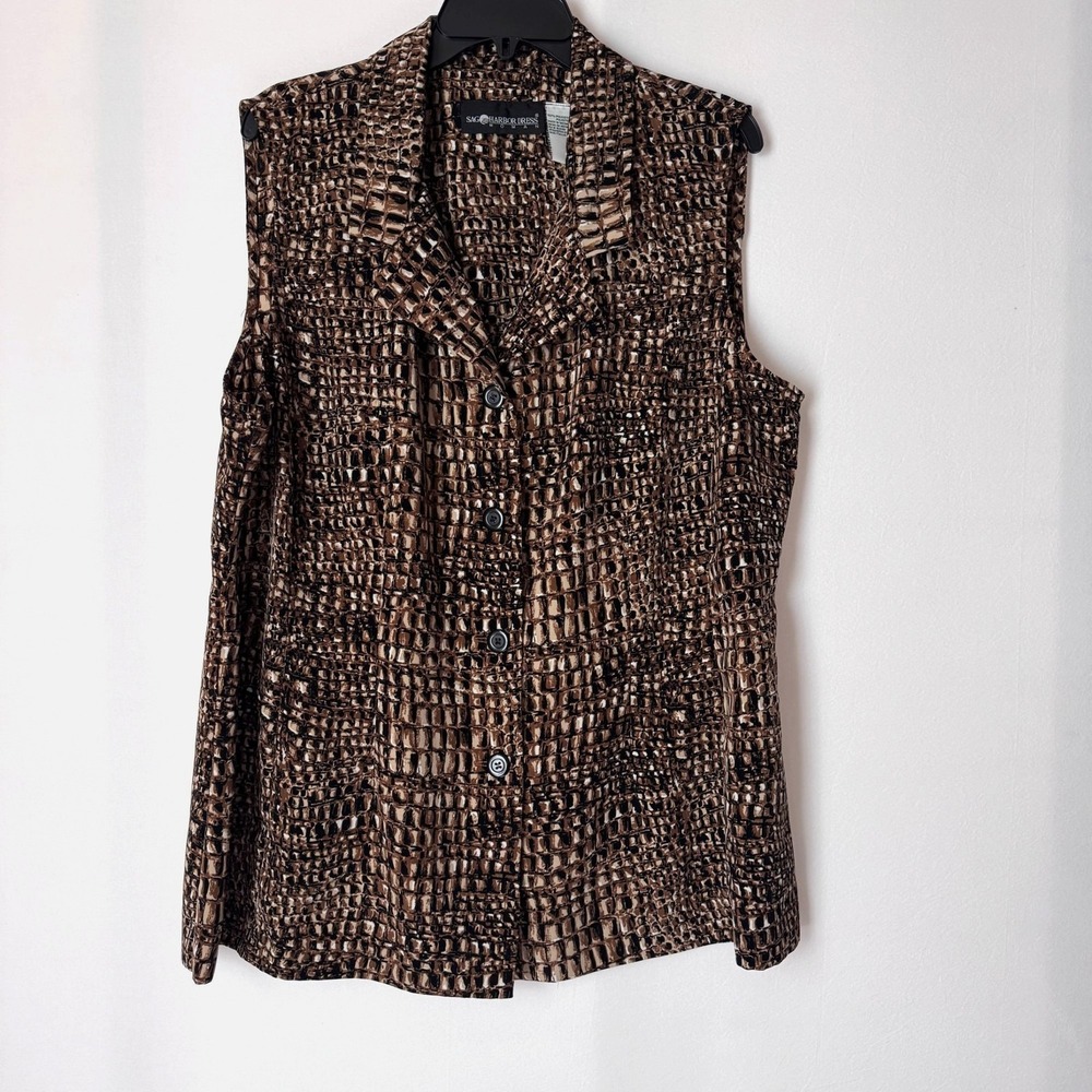 Sag Harbor Blouse Button Front Women 20W Brown Abstract Sleeveless Top